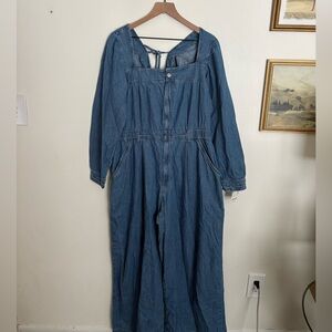 Free People We The Free Clara Blue Wide Leg Boho Denim Jumpsuit Womens XL NWT
